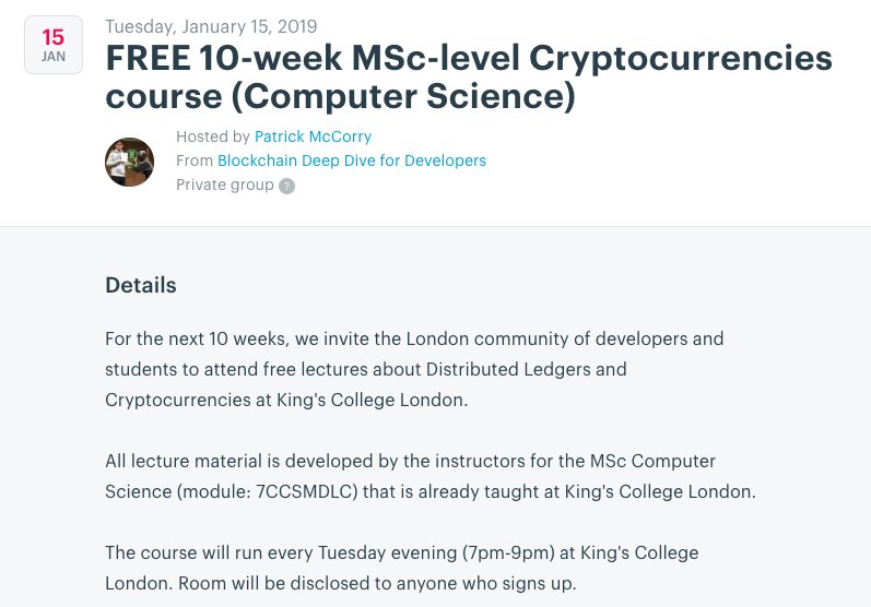 stonecoldpat0's tweet image. We're going to run a free 10 week technical course on cryptocurrencies and distributed ledger in London at King's College London. 

Come join us! I promise it'll be fun and educational!

meetup.com/Blockchain-Dee…