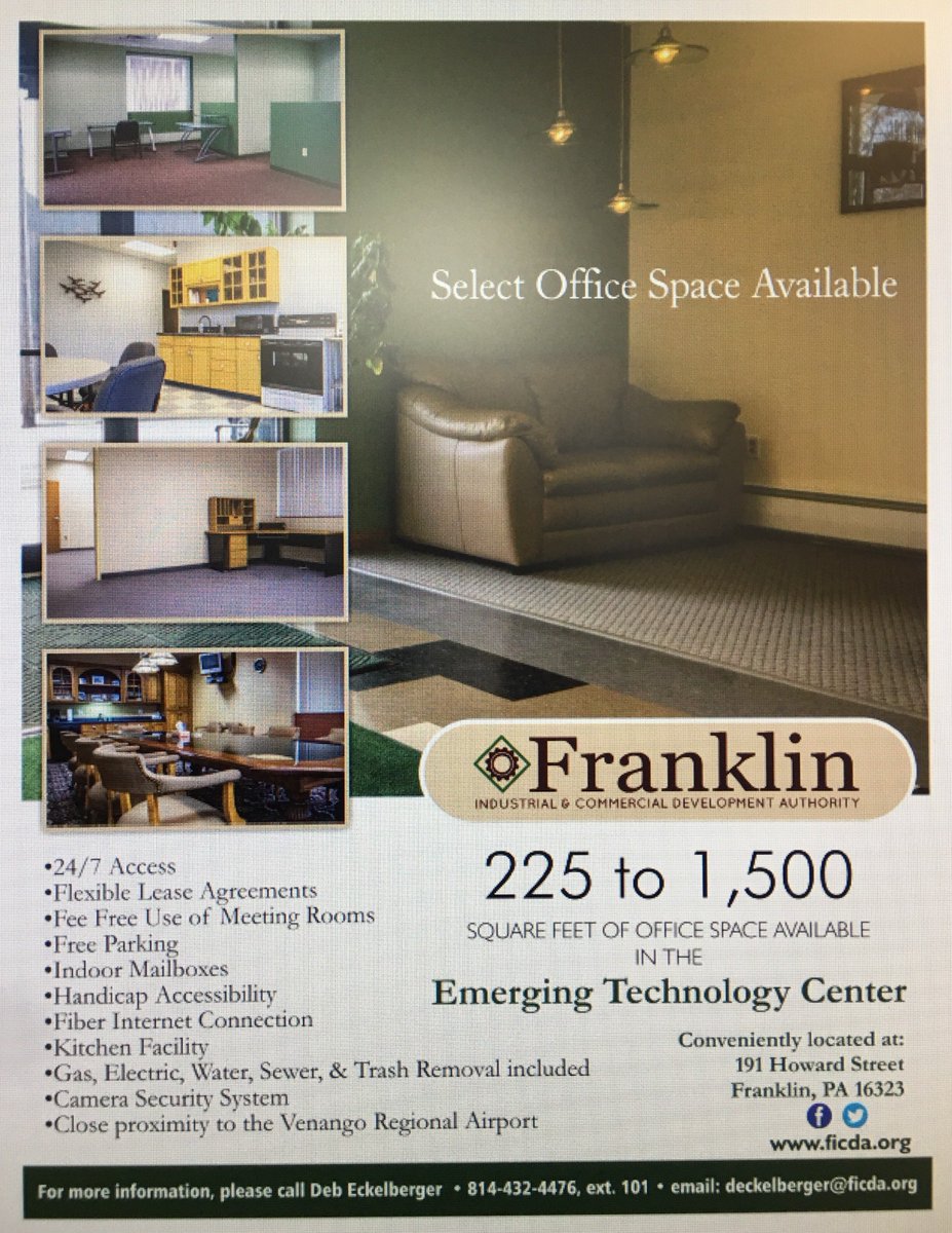 FICDA_'s tweet photo. Looking for Available Office Space in a great location? Come see what @FICDA_ has to offer in downtown #FranklinPA
Call Deb Eckelberger 814-432-4476 or request more information by sending us a message.
#FICDA #FiberInternetConnection #EconomicDevelopment #VenangoRegionalAirport https://t.co/SU2uVq2kbg