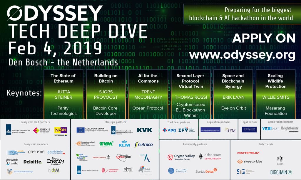 OdysseyCreator's tweet image. Join the Odyssey Tech Deep Dive to hear from @jutta_steiner @ParityTech, @provoost, @trentmc0 @oceanprotocol, @th_s4m0ht @CryptoMice, @eriklaan @EyeOnOrbit, and @williesmits. Full program: buff.ly/2VxTWR8 #blocckhain #bitcoin #ethereum #AI #hackodyssey