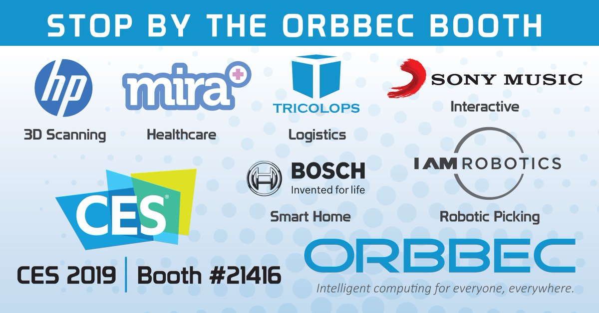 The Orbbec team is excited to show off some new products it has at #CES2019 - Make sure to stop by booth 21416! You will also get a chance to try out the newest products with Orbbec 3D cameras from <a href="/HP/">HP</a>, <a href="/BoschGlobal/">BoschGlobal</a>, @SonyMusicGlobal, <a href="/IAMRobotics/">IAM Robotics is now Onward Robotics</a>, <a href="/TricolopsTech/">Tricolops</a> and more!
