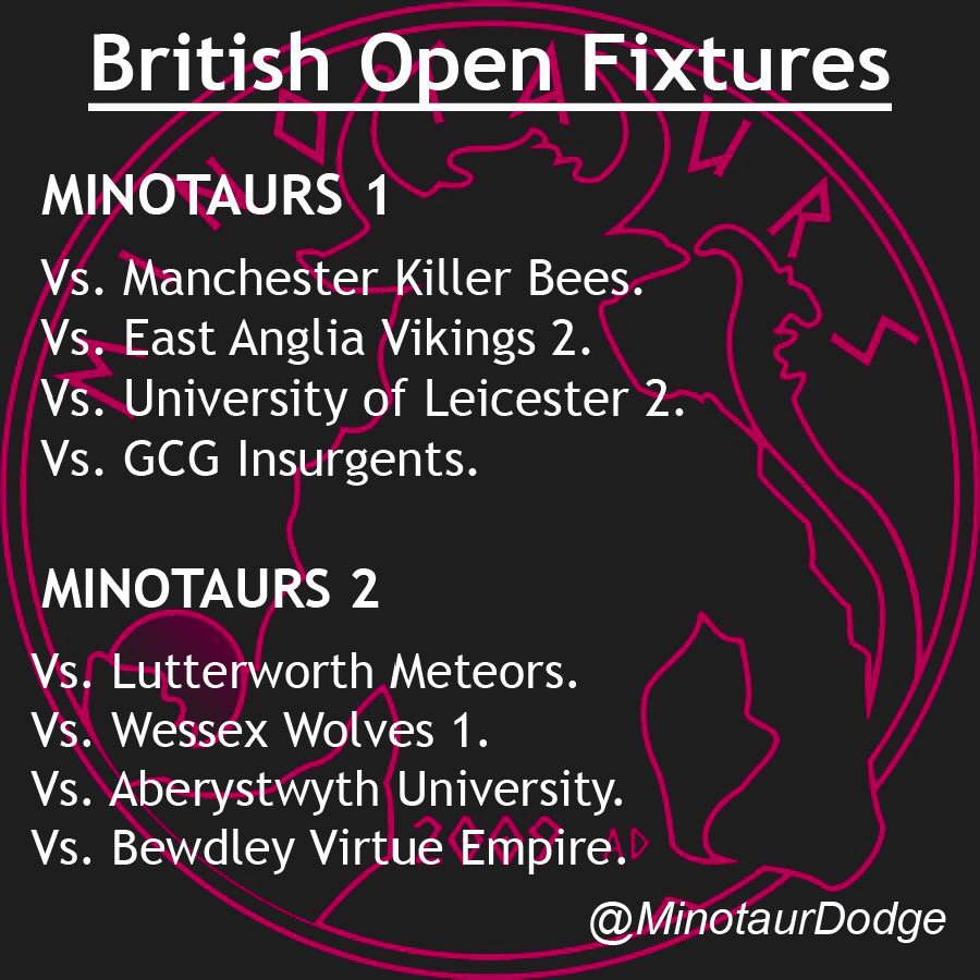 Here it is. Our first #FixturesFriday of 2019, the #YearoftheMinotaur. Some great looking matches against some strong opposition for the <a href="/BritDodgeball/">British Dodgeball</a> British Open, but we’re excited for the challenge. Let’s go #MDB #Dodgeball #Leicester