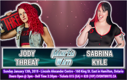 NSWisBACK's tweet photo. **NEW MATCH ADDED**
@JodyThreat makes her NSW return to take on mainstay and former #Intercities #Champion @Queenofhorrorsk Sunday January 13th in #HamOnt 160 King St. E @ 3pm - Tickets available on https://t.co/XhGXcH4xmX #girlsthatwrestle #supportindependentwrestling https://t.co/SpMaSETIgA