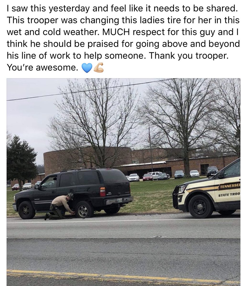 TNHighwayPatrol's tweet photo. We saw the below pic and statement that was posted by a private individual and just had to share. Thank you you for the feedback on the services our troopers are providing. Remember, dial *847 (*THP) if you need a trooper for assistance. https://t.co/gAjDdI6AxE