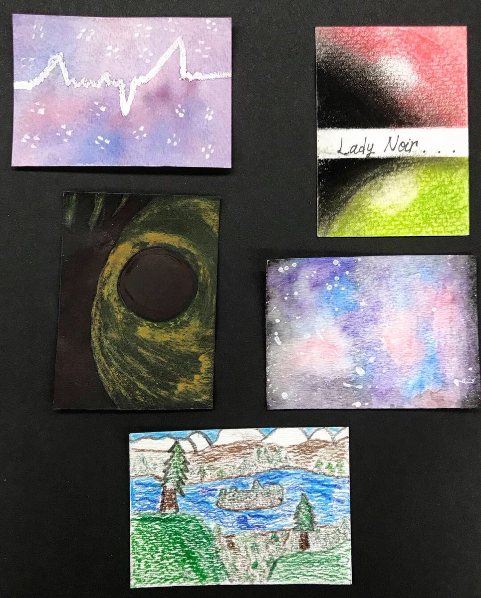 More Artist Trading Cards by 7th graders! Fun exploration of mixed media techniques! #ATCswap #artisttradingcard #middleschoolart #k12artchat #ATCswap2019 #FabArtsFri