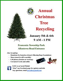 SASD_SAHS's tweet photo. REMINDER: SAVE Christmas Tree Recycling is THIS WEEKEND (Sat, Jan 5 &amp; Sun, Jan 6) from 9:00am to 1:00pm at Franconia Township Park. Details at https://t.co/X1qSZx65rW https://t.co/z0BfPGwKae
