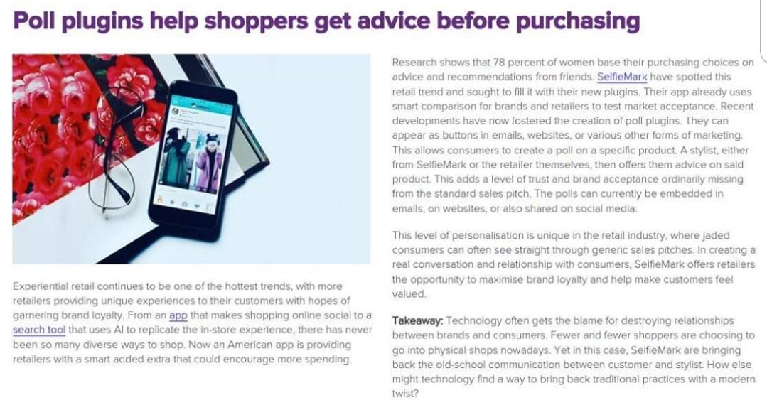 SelfieMarkApp's tweet image. We are thrilled because @springwise  featured our retail solutions. Please read article here or login if you are a member. #retailtech #retailtools