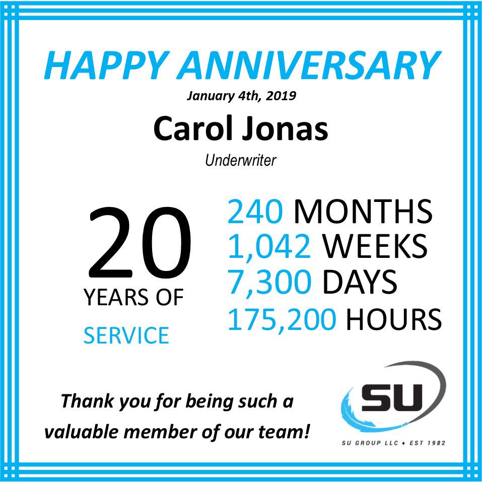 Happy 20th anniversary to one of our Underwriter’s, Carol Jonas!! We all appreciate you so much and thank you for everything you have done for SU Group over the years! #20Years