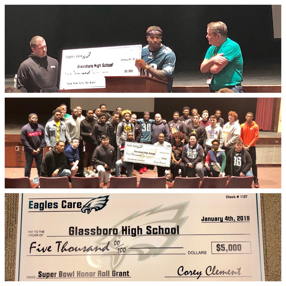 GlassboroHS's tweet photo. Corey Clement came back to GHS today to present a $5,000 Philadelphia Eagles grant check to Coach Hagerty and our Football Team! Thank you Philadelphia Eagles and GO BIRDS! 🦅🦅🦅 https://t.co/QVRYARlmHB