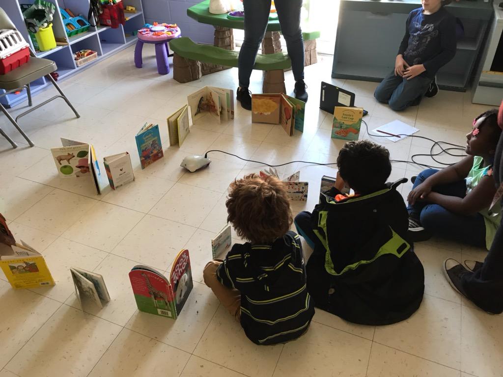 Navigating the book maze at Meadows Park Community Center <a href="/birdbraintech/">BirdBrain Technologies</a> #finchrobots #ColoradoSprings