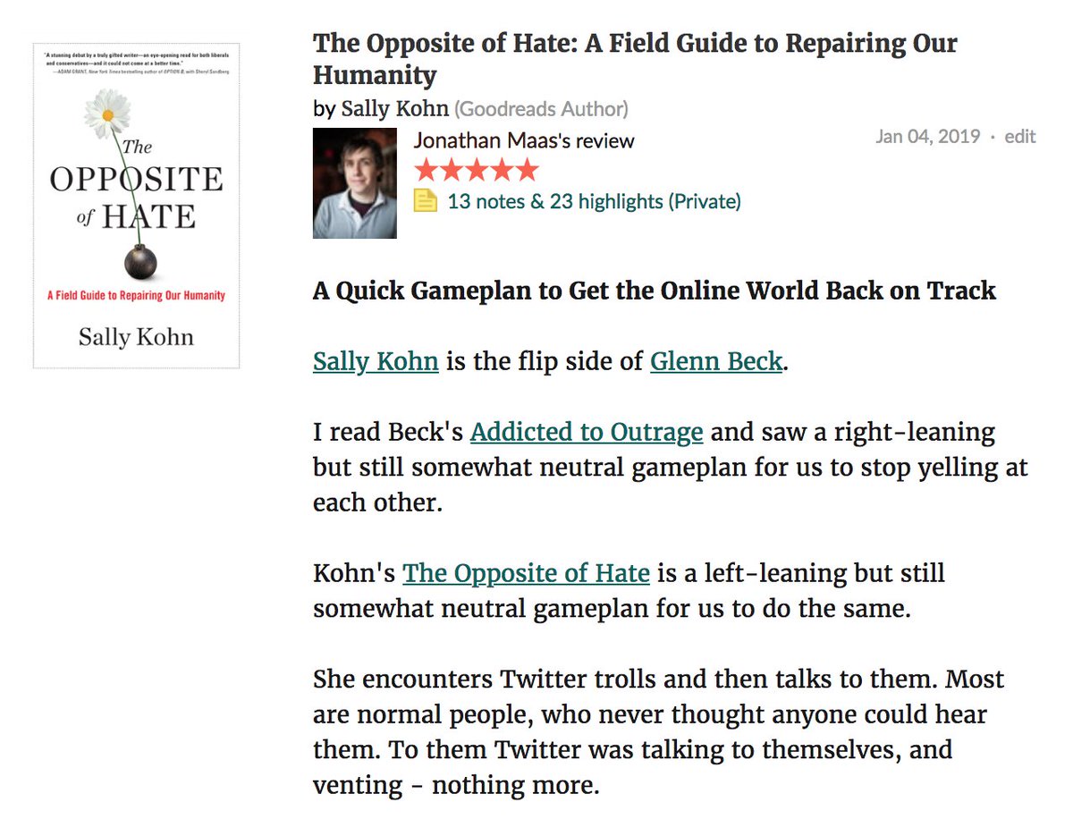 jonmaas78's tweet photo. My review of @sallykohn 's The Opposite of Hate - a gameplan to get the online world back on track - 5 Stars! https://t.co/mpa6wGmDu2
#SallyKohn #GlennBeck #BiPartisan #Republicans #Democrats https://t.co/XzvJ8Ur4eV