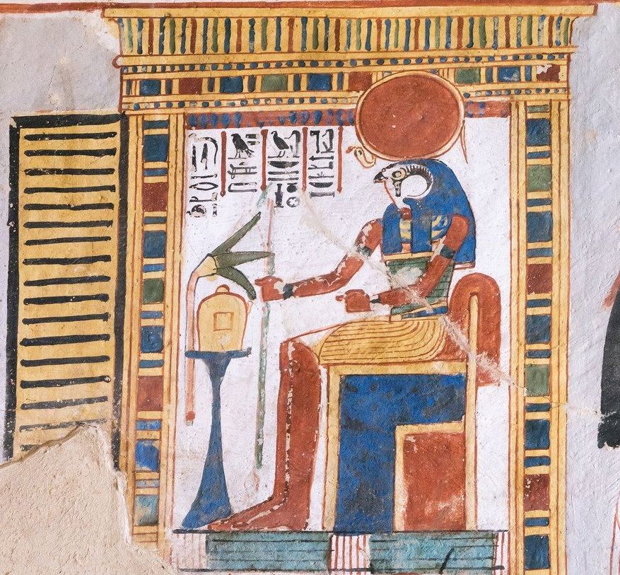 The enthroned Re-Horakhtay-Atum, '..great god, Lord of Heaven'. 18th dynasty. Tomb of Roy, western Thebes.