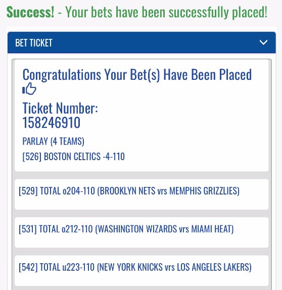 TheLockertons's tweet photo. We slapped this beauty down tonight as well. Sometimes you just gotta throw shit at the wall and see if it sticks #smallinvestments #fucktheoverinsomegamesandtheunderinothers #EliteParlays https://t.co/8Uy6aOGmAa