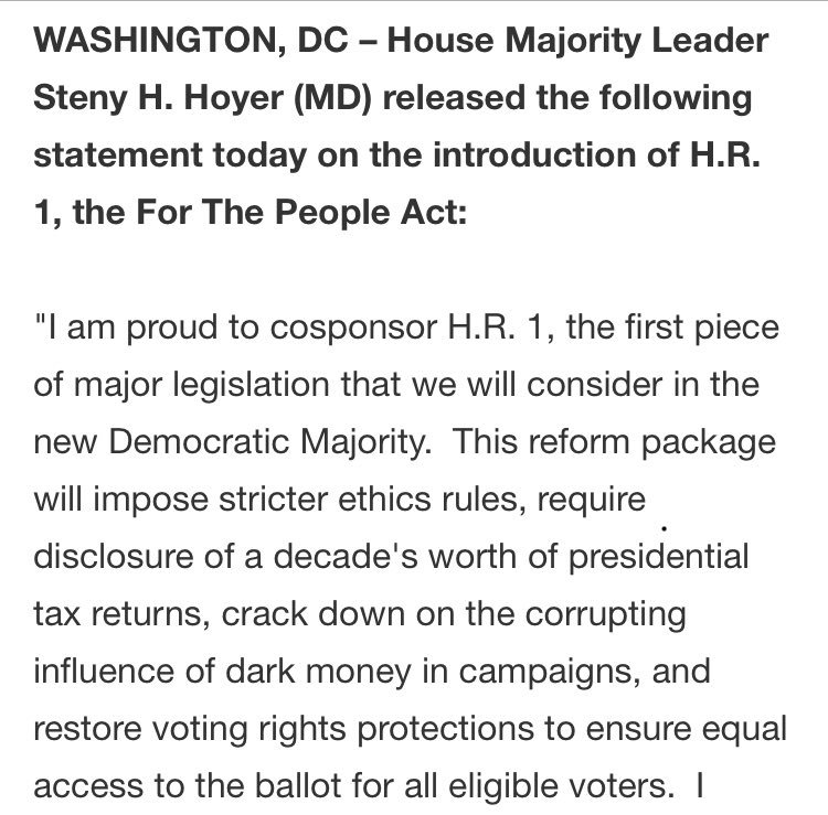 CBLanguage's tweet photo. H.R 1: The For The People Act
_____
Presidential candidates have to reveal 10 years of their tax returns,reveal where campaign money is from, no more “anonymous donors” or monies funneled through nonprofits (who can receive unlimited funds)and restore voter rights/ballot access https://t.co/0Mqms1glSt