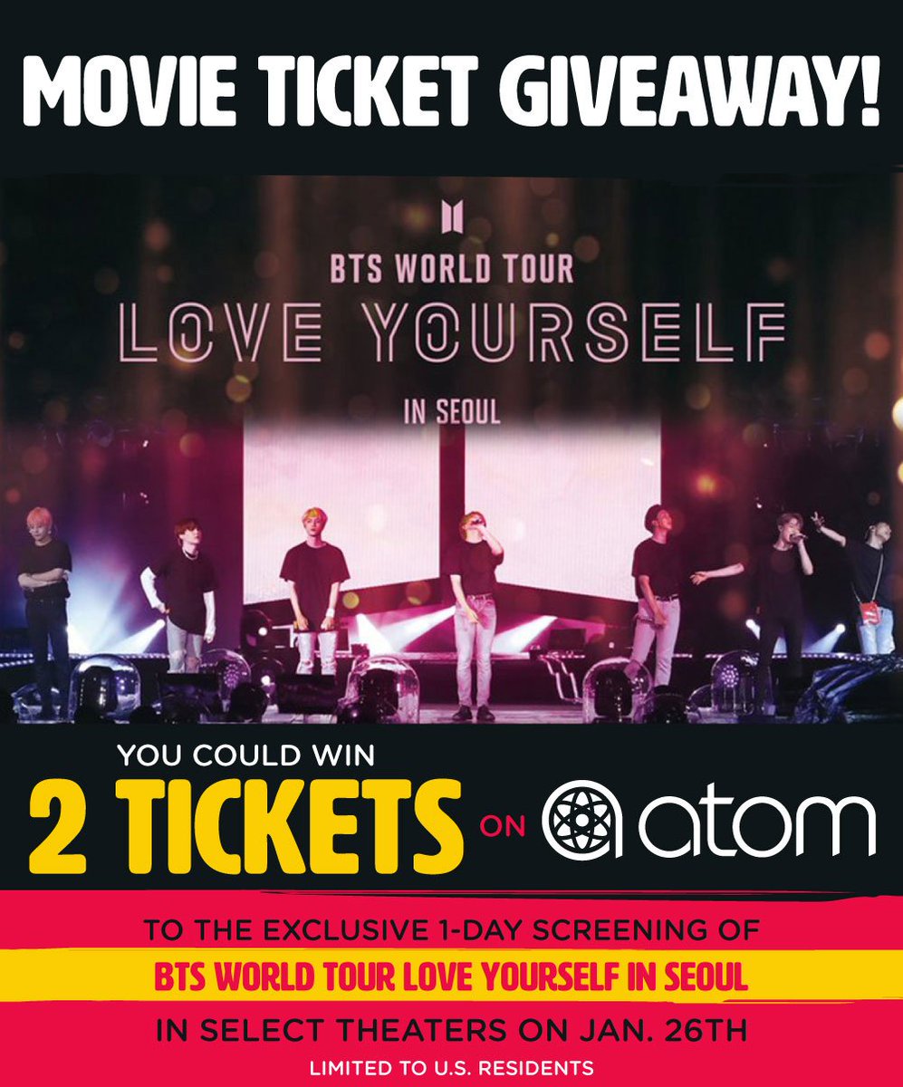 kfteausa's tweet photo. 😎 We've teamed up with @atomtickets to give away 2 TICKETS to the 1-day screening of "BTS World Tour Love Yourself in Seoul"! #LoveYourselfinSeoulFilm  

ENTER for a CHANCE to WIN:
1. Follow @kfteausa &amp; @atomtickets 
2. Like &amp; Retweet this post
3. Tag the person you'll take 👇 https://t.co/fmw503tNxp