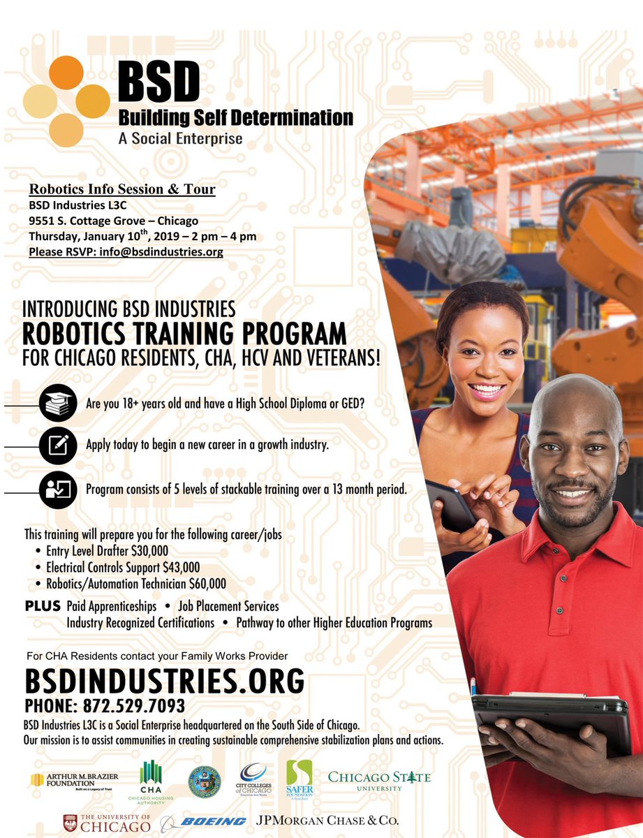 Job Training Opportunity with BSD Industries: Due to a high demand for information on Robotics and the BSD Robotics Training program, BSD Industries has added another Information Session &amp; Tour at the BSD Plant! Thursday, January 10th, 2pm-4pm. See attached flyers for details.