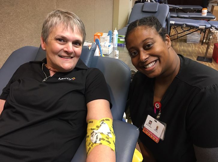 How's this for a Mercy milestone? #MercyOKC co-worker Terri Ward donated blood today for the 90th (!!) time. She's challenging colleagues to hit the goal of 100 total donations at our next @okblood drive on March 22. #BloodDonorMonth