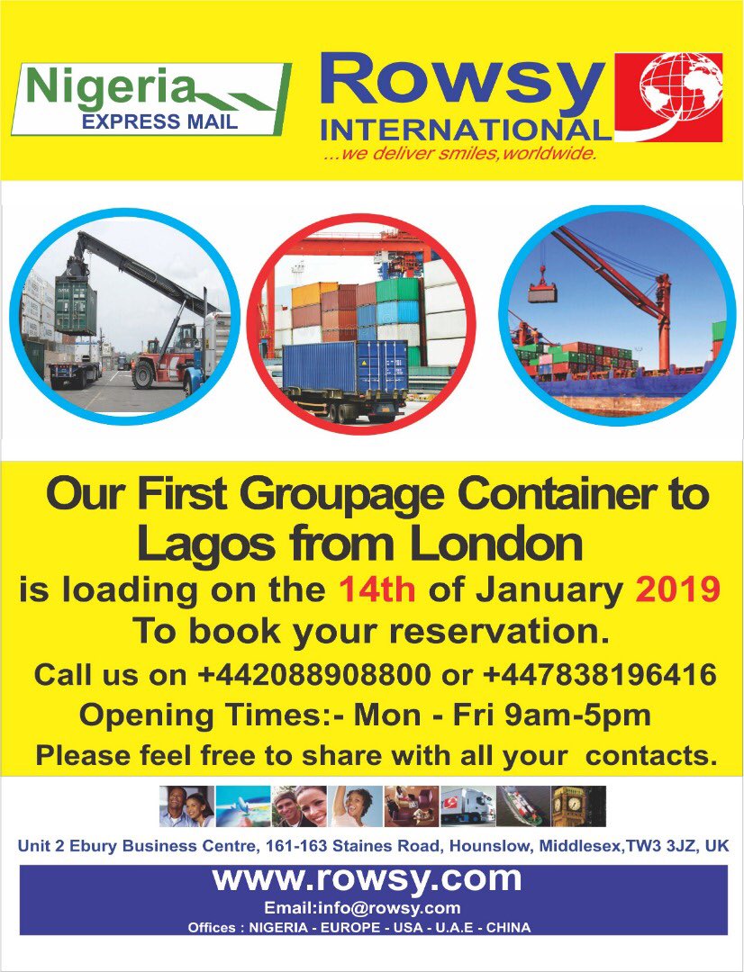 woyewole's tweet photo. Happy new year to you. Our first consolidated container/groupage for 2019 is loading on the 14th of January. Call 02088908800 or 07838196416 or email:- info@rowsy.com to book your reservation.     Please feel free to share. https://t.co/VPCTwVbsqm