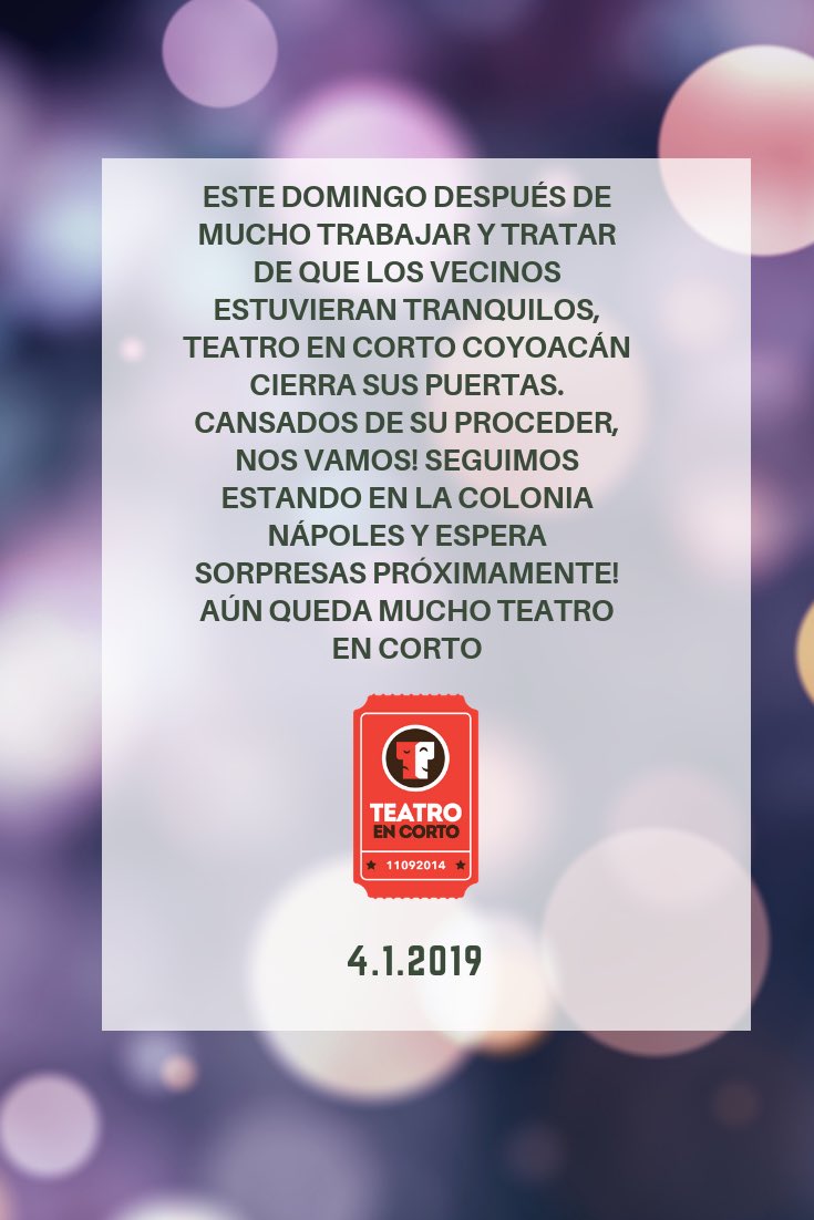 TeatroEnCorto's tweet photo. Cerramos #Coyoacán pero las sorpresas #EnCorto no pararán ¡espéralas! @lolacortesreal @Pacolalas @fernandolozano https://t.co/RWESPXSvlf