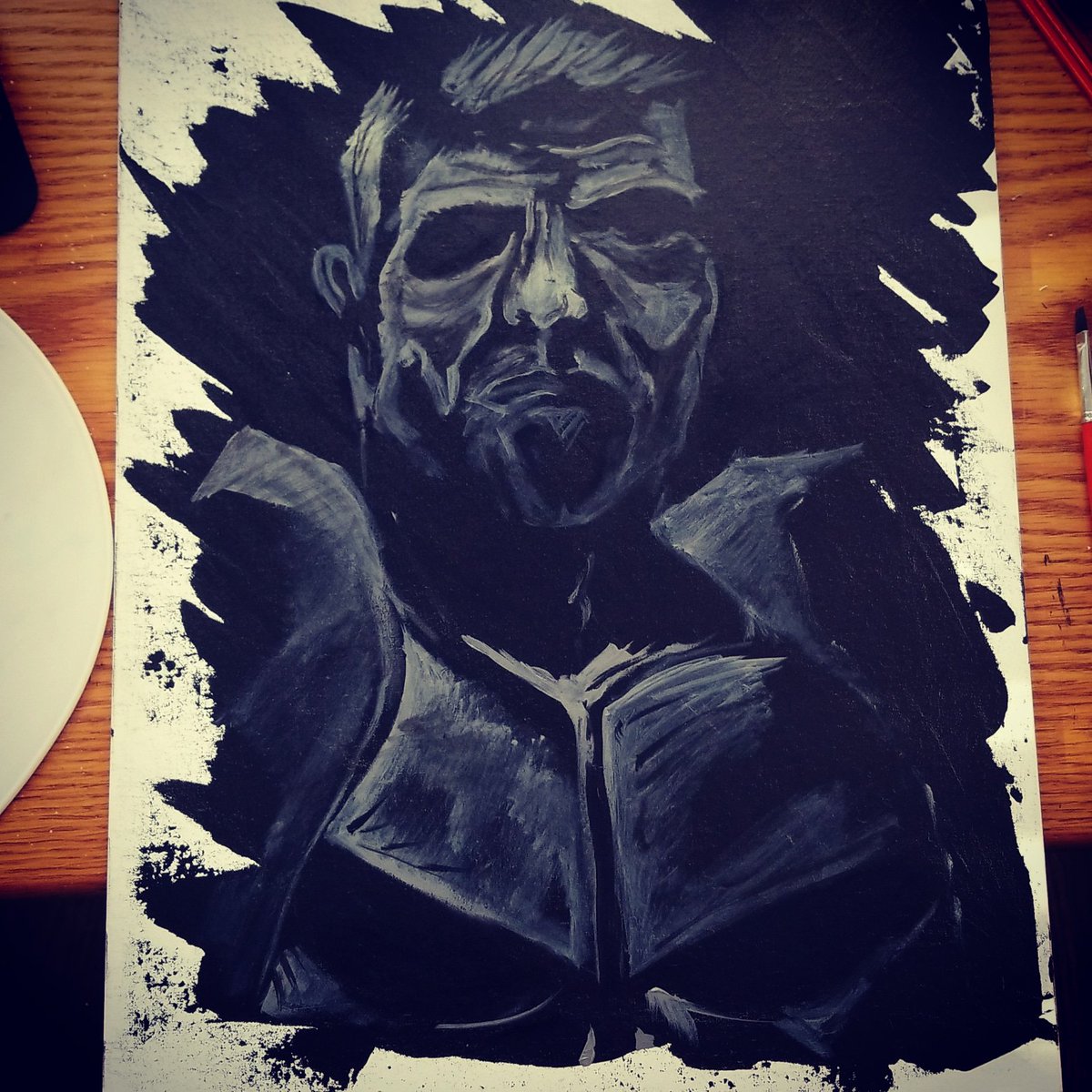 Clerkboy's tweet photo. #conceptart @jonnybernthal #pregame #wip #punisher @netflix @ThePunisher #frankcastle #thepunisher #skull #blackandgray #painting #acrylicpainting #artistsoninstagram #freehand #fiveminute #follow #drawingoftheday #drawing #draw #brushwork #artist #artwork #art #sketching https://t.co/RIyGRy5dwj
