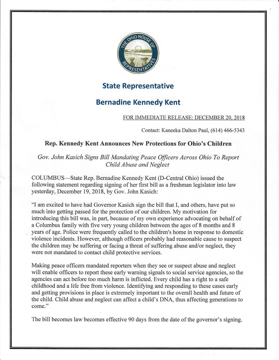 REPBKKENT's tweet photo. @Eroii__ @s_tamikah HB 137 will now make Law Enforcement in Ohio mandated reporters of child abuse as they are in the other 49 States thanks to the efforts of State Rep. Bernadine Kennedy Kent of the 25th District. https://t.co/oMshHjFbGq