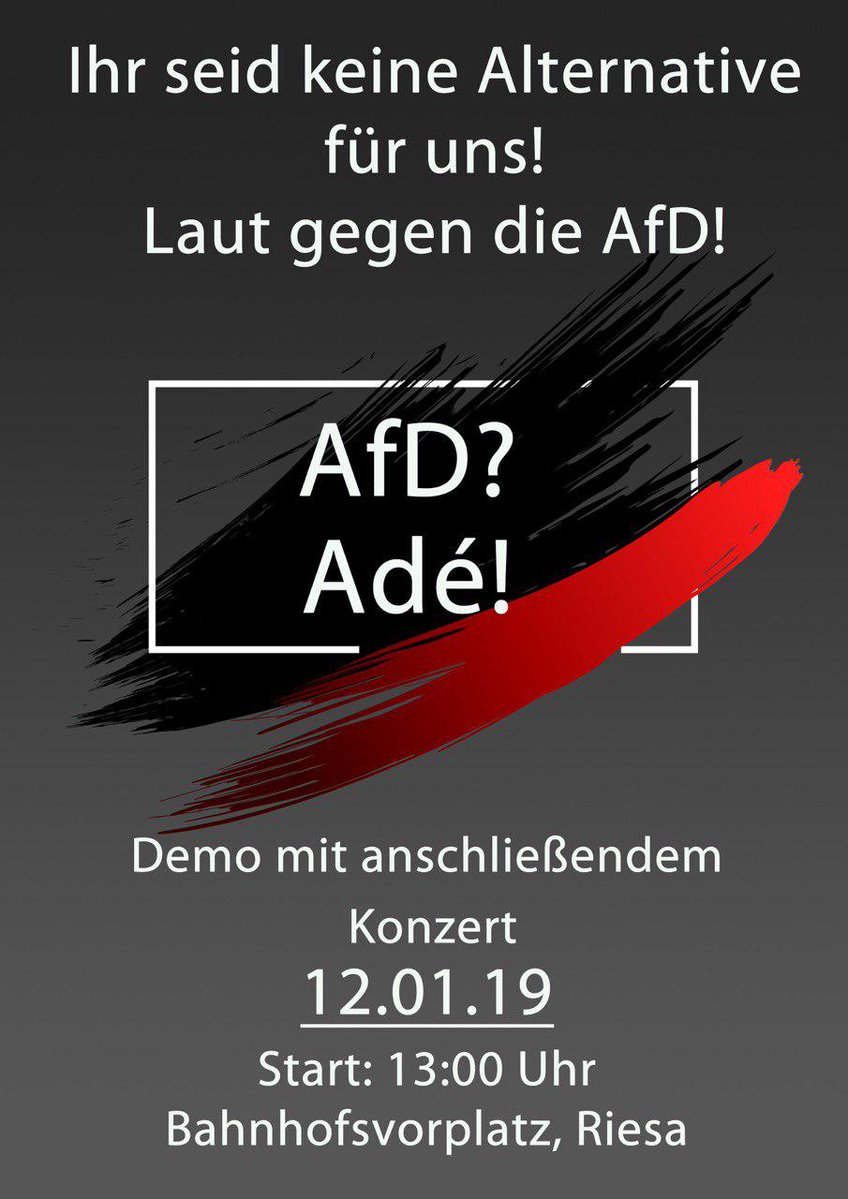 Am 12.01.19 auf nach #Riesa um gegen den anstehenden #Bundesparteitag der #AfD zu protestieren.
FB Event: facebook.com/events/3457054…
Abfahrt: 12.01. 08:00 Uhr #Alexanderplatz Rückfahrt: 12.01. 21:00 Uhr #Rie1201 @aufstehengegen #noafd #antifa #afdadé