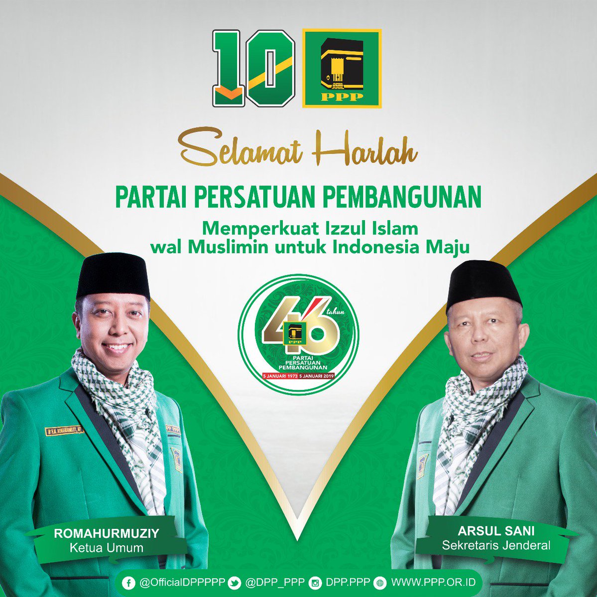 DPP_PPP's tweet photo. Selamat Harlah yang ke-46 
Partai Persatuan Pembangunan
(Tema Harlah PPP) 
"Memperkuat Izzul Islam wal Muslimin untuk Indonesia Maju"

#Harlah46PPP #PPP10Sempurna #10Lewat10 #PPP3Besar https://t.co/JU1zBNjPJX
