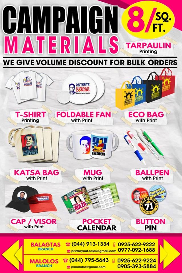 PrintLayout's tweet image. Do you need #campaign #materials? Pls send pm now and avail early bird freebie and volume discount! #PrintLayout #Customized

DM/CALL US NOW!!!  09178049275 / 09256229225

Visit our BRANCHES: 
4th Level Robinsons Place Malolos
#0912 McArthur Highway, San Juan Balagtas, Bulacan