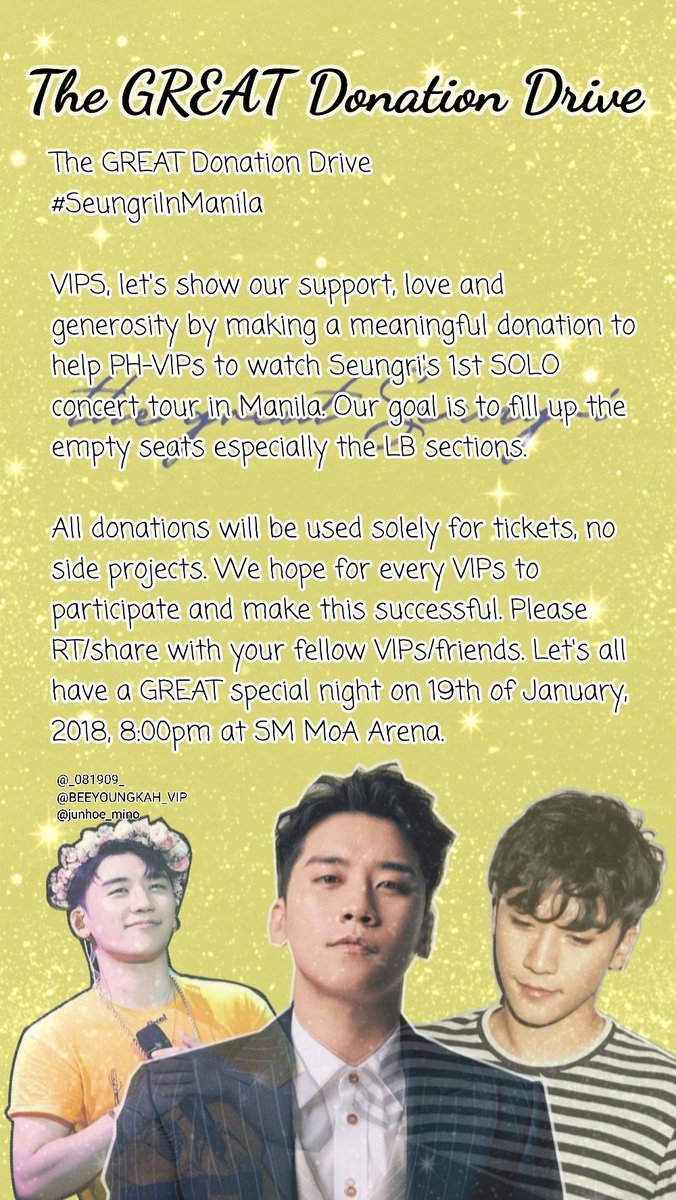 _081909_'s tweet photo. 🤴🐼 THE GREAT DONATION DRIVE 🐼🤴

GLOBAL VIPs:

All donations will be used only to #SeungriInManila tickets for the PH-VIPs who are lack of funds. 

For the interested donors, please see attached image. For the local Bank Accounts, it's under the name of Joemari Luneta. https://t.co/uaPEJ23Ec9