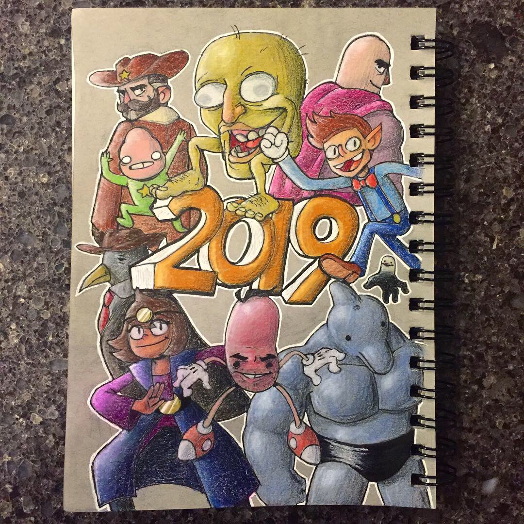 crelishboy's tweet photo. first drawing of 2019, of characters from various projects that i plan to mow down this year 😤😤 let’s loot this loaf boys #NewYears2019 #art #cartoon #prismacolor #micron #BoogieBoy #Gumhead https://t.co/EdeAWCcAj3