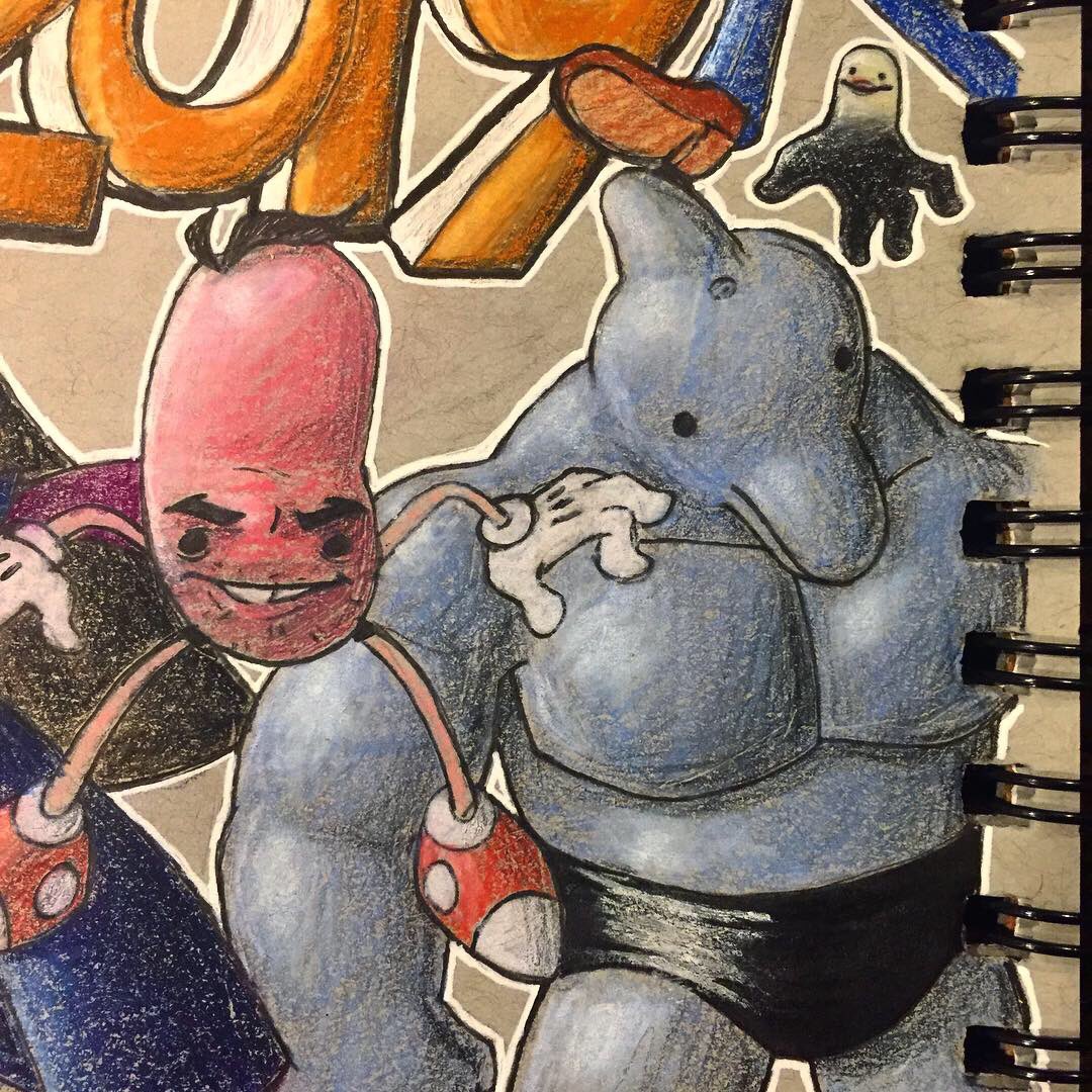 crelishboy's tweet photo. first drawing of 2019, of characters from various projects that i plan to mow down this year 😤😤 let’s loot this loaf boys #NewYears2019 #art #cartoon #prismacolor #micron #BoogieBoy #Gumhead https://t.co/EdeAWCcAj3