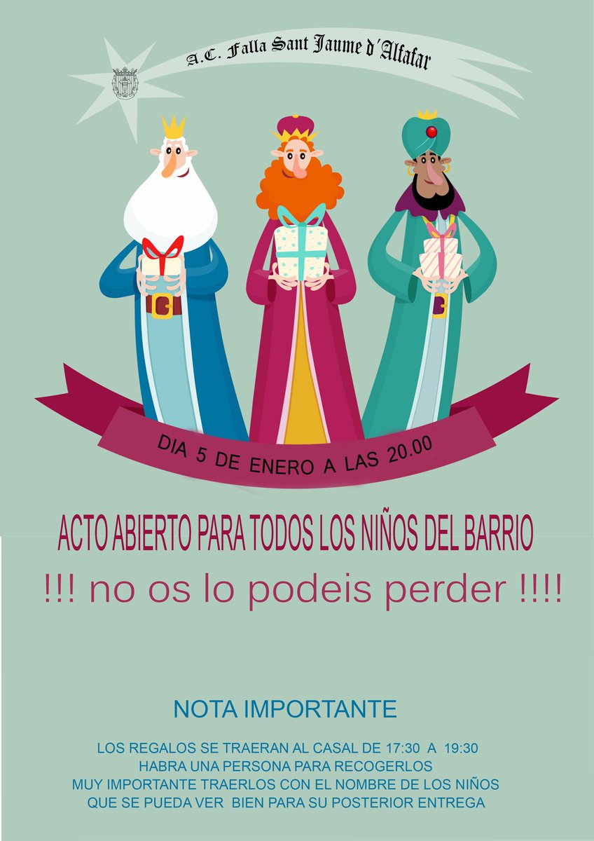Mañana es la noche más mágica del año para todos los niños 
Aunque no seas fallero si quieres que los reyes de oriente den su regalo a tus familiares más menudo acércate a nuestro Casal y su sueño se ara realidad #QuevienenlosReyes