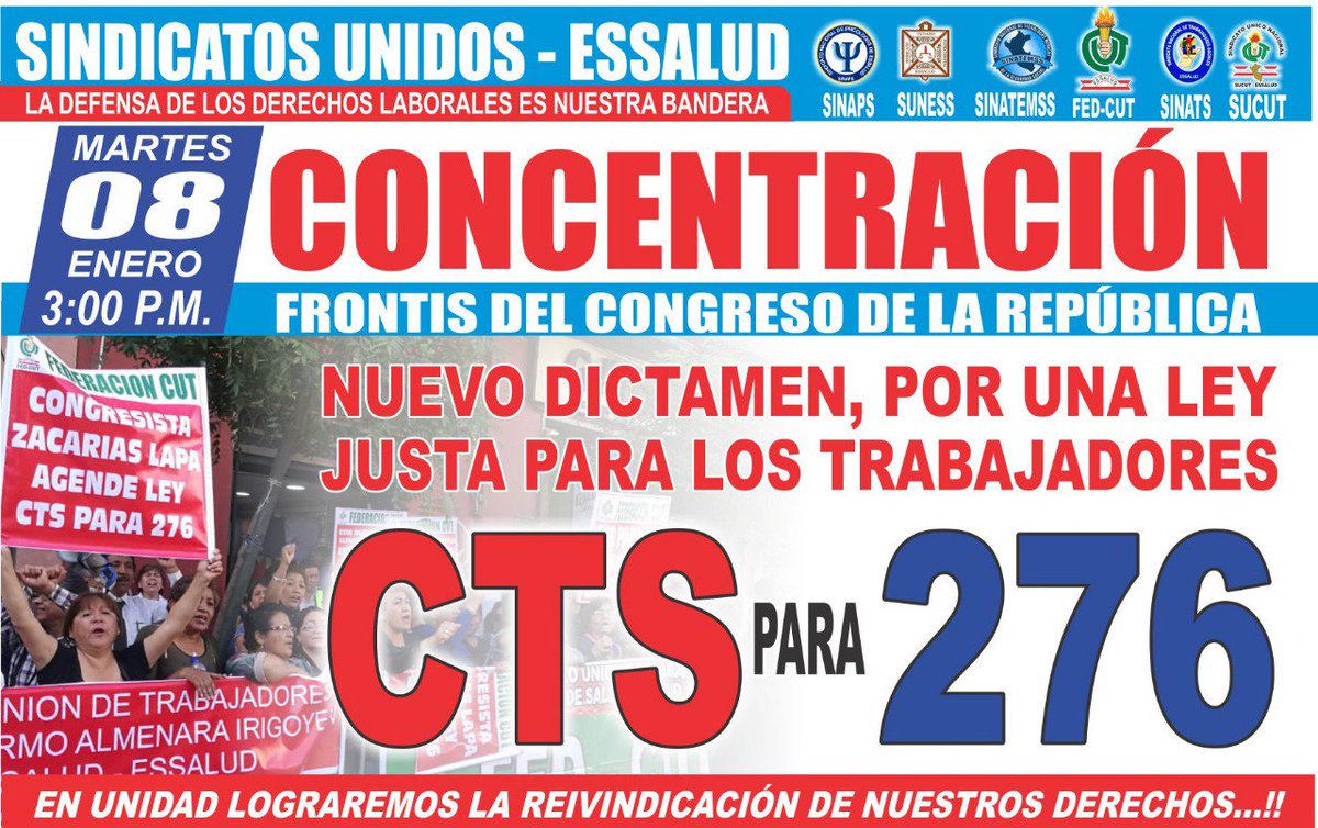 Federación CUT (@fedcut) on Twitter photo Sindicatos de <a href="/EsSaludPeru/">EsSalud Perú</a> concentrarán en el <a href="/congresoperu/">Congreso del Perú 🇵🇪</a> este Martes 08 de Enero por el Dictamen de Insistencia #Leyctspara276 <a href="/IndiraHuilca/">Indira Huilca</a> <a href="/msalazarcongres/">Milagros Salazar</a> <a href="/MartinVizcarraC/">Martín Vizcarra</a> <a href="/Zacarias_Lapa/">Zacarías R. Lapa Inga 🇵🇪</a> <a href="/yonhy_lescano/">Yonhy Lescano</a> Sindicatos de <a href="/EsSaludPeru/">EsSalud Perú</a> concentrarán en el <a href="/congresoperu/">Congreso del Perú 🇵🇪</a> este Martes 08 de Enero por el Dictamen de Insistencia #Leyctspara276 <a href="/IndiraHuilca/">Indira Huilca</a> <a href="/msalazarcongres/">Milagros Salazar</a> <a href="/MartinVizcarraC/">Martín Vizcarra</a> <a href="/Zacarias_Lapa/">Zacarías R. Lapa Inga 🇵🇪</a> <a href="/yonhy_lescano/">Yonhy Lescano</a>