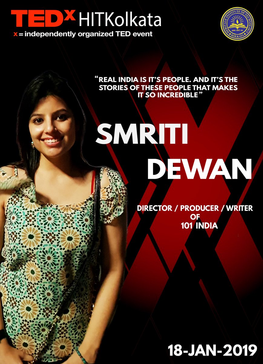Folks of #HITK! Here come we unveil the 4th speaker of TEDx HITK, Smriti Dewan.
Smriti is a #writer, #director and host who started with <a href="/RedChilliesEnt/">Red Chillies Entertainment</a>, then assist #KBC and wrote #Ashoka and #Lajwanti 
Currently travels d cntry fr fascinating stories tht features in her srt flm