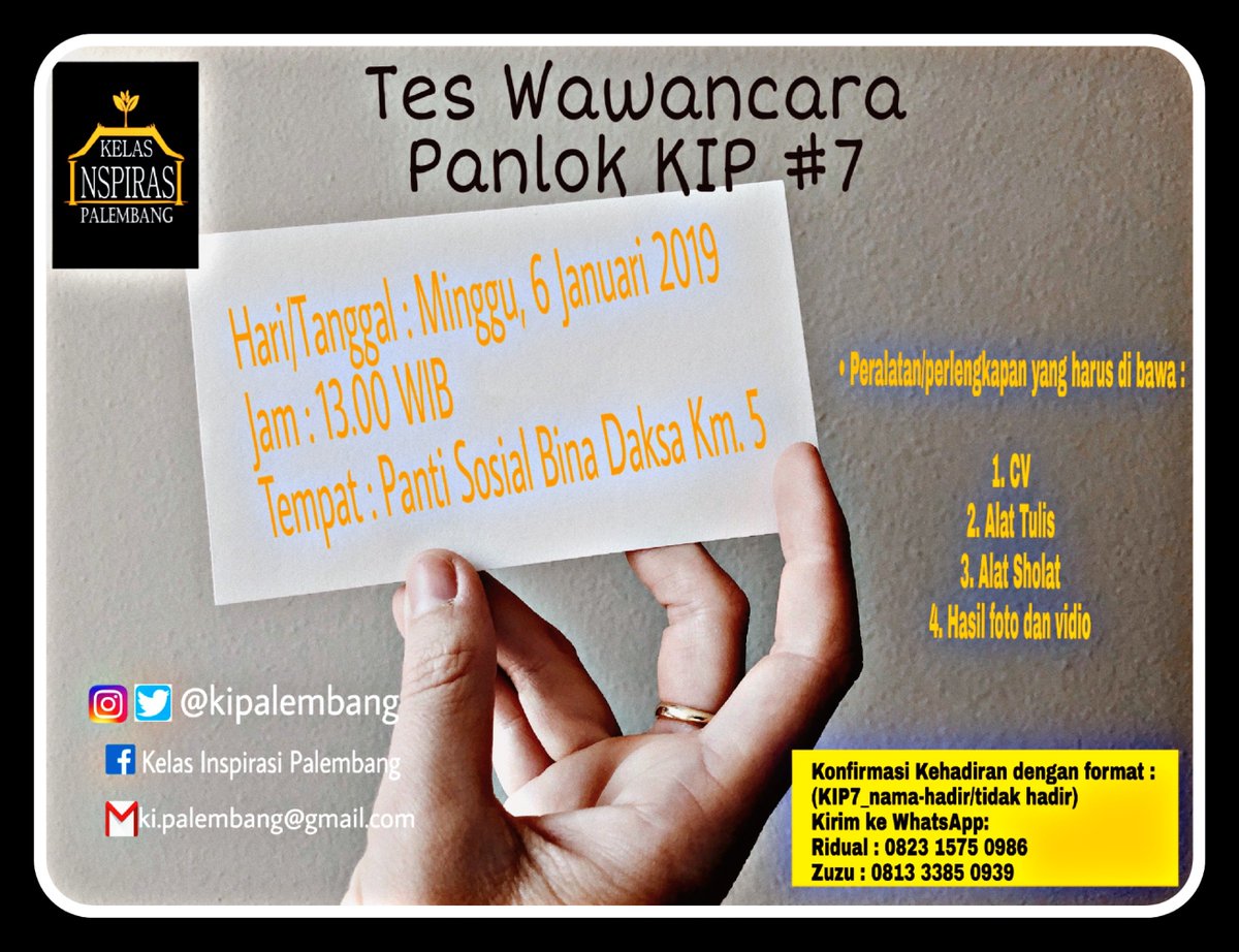 Selamat buat Kamu yang dinyatakan LULUS tahap Seleksi Berkas di Panitia Lokal Kelas Inspirasi Palembang #7

Dan kamu WAJIB HADIR di Tes Wawancara dan melakukan konfirmasi kehadiran