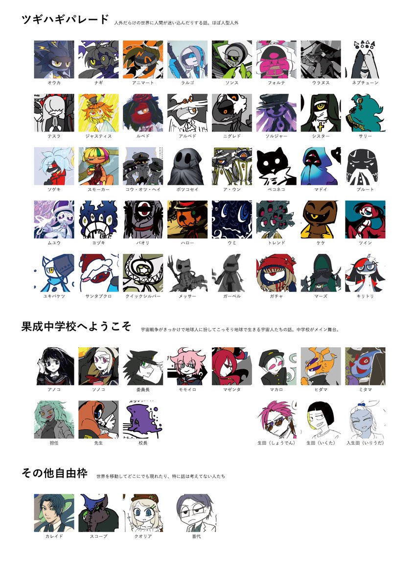 9B4ME's tweet photo. ちまちま作ってたキャラまとめです　名前とかデザインが変わったりするので参考程度に
気になるキャラとかいたら教えてくれれば語ります（デザイン決まってないやつとデザインだけして放置のやつがいるけど） https://t.co/GYuOOhbkqU
