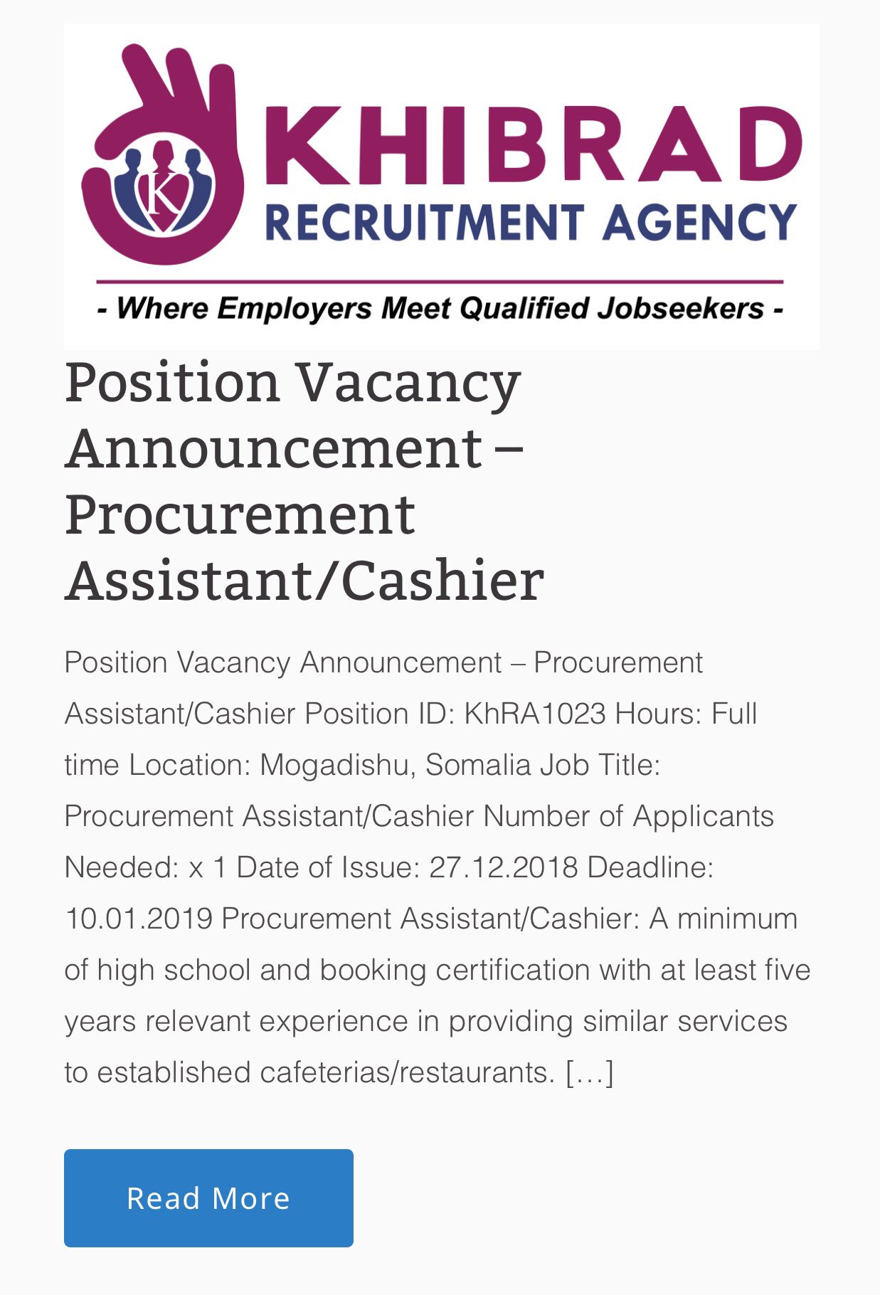 Khibrad Recruitment Agency is Somali Job Gate that on X: &ldquo;New Job 
