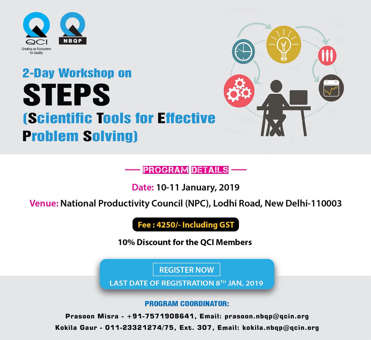 QualityCouncil's tweet photo. .@QCI_NBQP is organising a 2-Day workshop on STEPS. Be a part of #QualityCulture. #scientifictools #Problemsolving #quality_educational_material #qualityimprovement @makeinindia @DIPPGOI @DoC_GoI @AdilZainulbhai @RaviPSingh @NABL_QCI @Director_NABH @NABCB_QCI @QCI_NABET https://t.co/krYhLJbD69