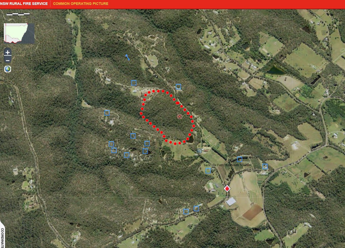 NSWRFS's tweet photo. Emergency Warning - Sackville Ferry Rd Fire, South Maroota. Fire continues to burn between Gallagher Rd and Tuff Hill Lane, north of Sackville Ferry Rd. Storms in the area are creating erratic winds. Residents advised to seek shelter as fire approaches. #NSWRFS #alert https://t.co/hXo29vQIHR