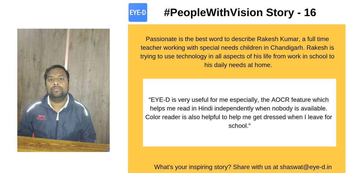 HelloEyeD's tweet photo. Passionate about his profession, Rakesh uses technology to ensure that he leaves no stones unturned in being the best teacher for his students.
We at EYE-D are ecstatic to be associated with people like Rakesh.
Read more about Rakesh in our #PeopleWithVision Story https://t.co/jfzPTUtTKt