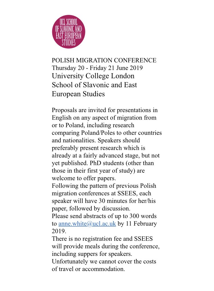 CMR_Warsaw's tweet photo. Polish migration conference at University College London @UCLSSEES organized by prof #AnneWhite. Deadline: Feb 11 https://t.co/PpXaCAqUGc