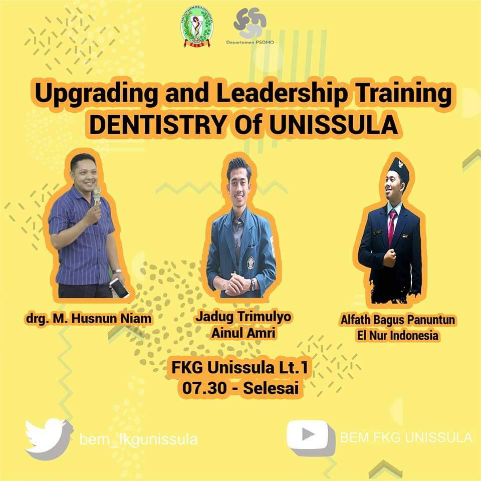 [Upgrading &amp; Leadership Training]
Sehubungan dengan terselenggaranya acara upgrading dan leadership training maka kakak-kakak dan teman teman diharapkan kehadirannya pada :
Hari  : Sabtu, 5 Januari 2019
Pukul : 07.30 - selesai
Tempat : Gedung FKG lt. 1
Dresscode : Jas almamater