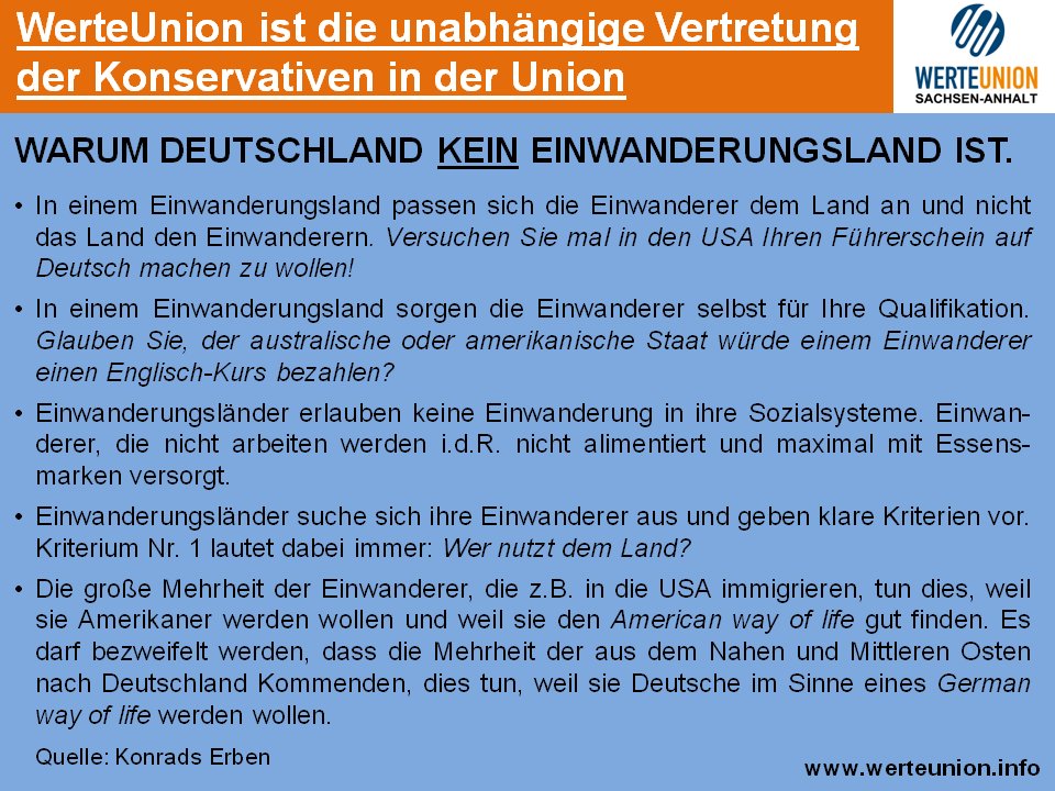 GRÜNDE WARUM DEUTSCHLAND KEIN EINWANDERUNGSLAND IST

#WerteUnion #WerteUnionST #keinEinwanderungsland