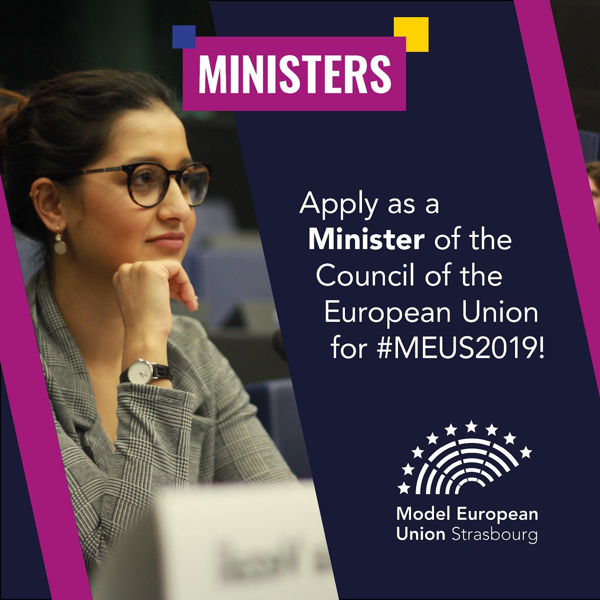 meustrasbourg's tweet photo. Only one day left - we are looking forward to the last wave of applications! Apply as a minister now and #ExperiencePolitics from 6-13 April at #MEUS2019: https://t.co/xkmT6BJo5a https://t.co/x0VbnL8WyV