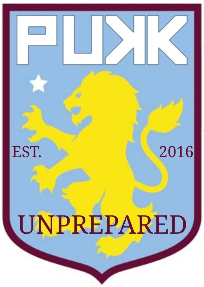modified aston villa badge with pukk logo. instead of club motto "preoared" it reads "unprepared".
