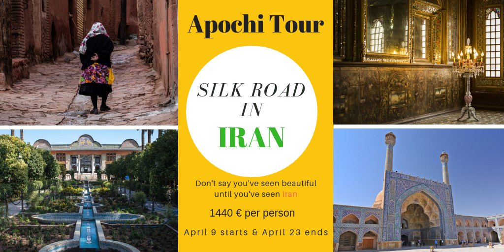 apochitravel's tweet photo. Want to visit Iran in 15 DAYS? Join us in our Silk Road in Iran to experience an unforgettable tour. You will visit #Tabriz, #Zanjan, #Tehran, #Isfahan, #Yazd, #Shiraz, and #Kashan.
For more info visit: https://t.co/GQUJrNd9Pg

#ApochiTours #SilkRoad #IranTour https://t.co/sYjTUFuRqZ