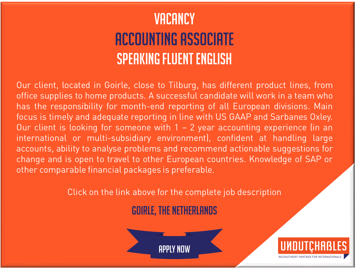 UndutchablesRec's tweet image. #AccountingAssociate #FluentEnglish #Goirle #Tilburg #USGAAP #SOX #SAP #JobsintheNetherland #WorkinHolland #JobSearch #JobOpportunity #ApplyHere  ow.ly/bclF30nc0sJ