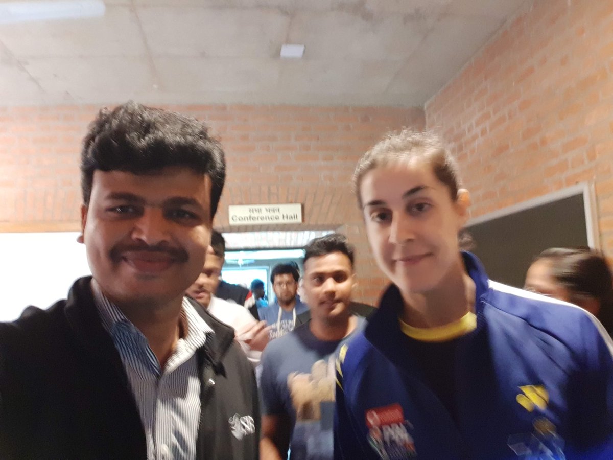 jpcovai's tweet photo. Today met @NSaina &amp; @CarolinaMarin. Thank you World Champions for the Photo. Keep Smashing #SainaNehwal. Thank you #IIMA  @PBLIndiaLive https://t.co/VZ7Z0d1tVc