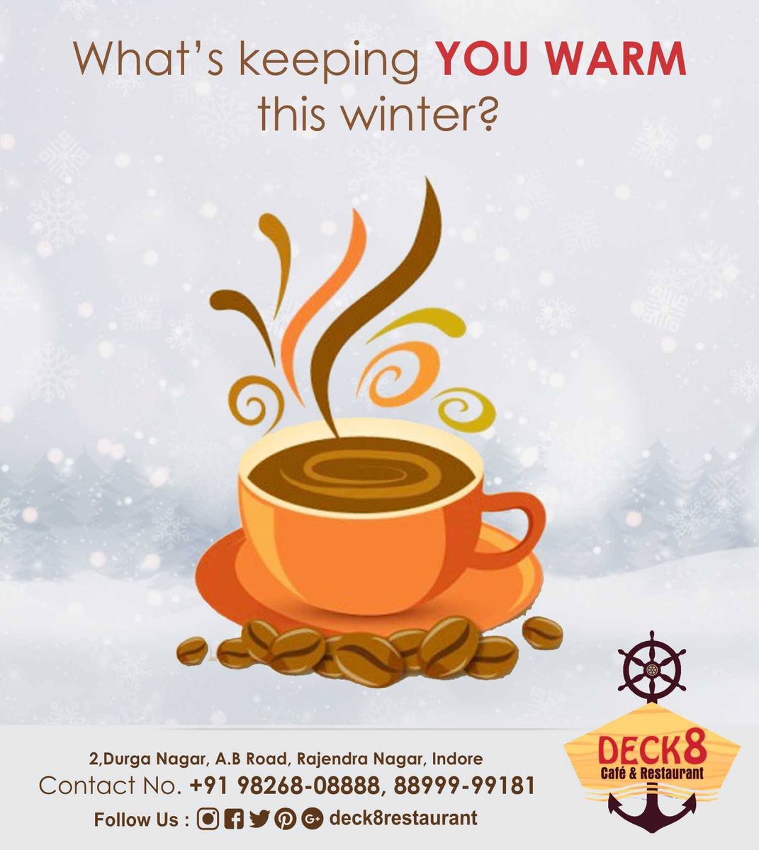 RestaurantDeck's tweet photo. What’s keeping YOU WARM this winter?
Contact No. +919009991976 , 8899999181
#restaurant 
#foodie
#indorehotels
#instafood
#healthyfood
#HUNGRY
#familyrestaurant 
#party
#food
#deck8 https://t.co/WX5FCl2Jqk
