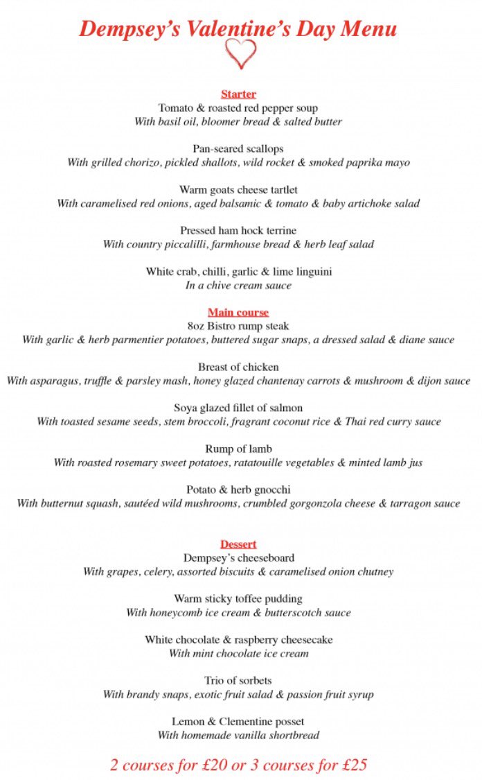 Dempseys3's tweet image. We&apos;re now taking bookings for Valentine&apos;s Day❤️
Menu available Thursday 14th, Friday 15th and Saturday 16th February