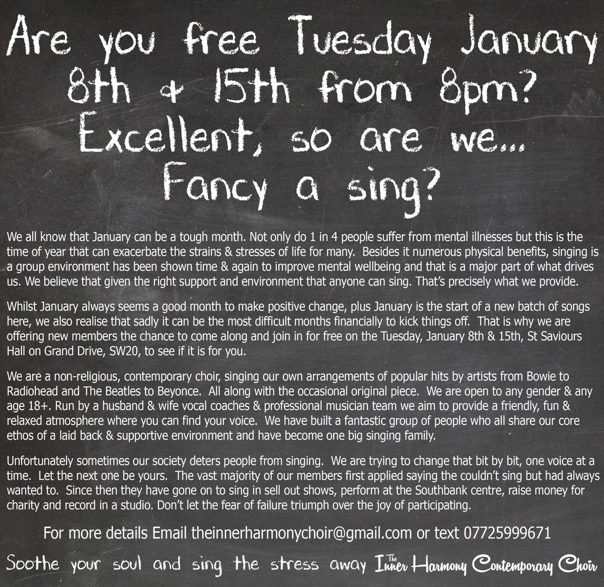Whilst January's a great month to make positive changes, Financially things aren't always so easy.  That is why we are offering new members the chance to come along and join in for free on the Tuesday 8th &amp; 15th, St Saviours 
Hall on Grand Drive, SW20, to see if it is for you.